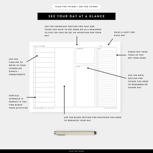 Daily Dashboard with Vertical Timeline - Undated Printable Planner Inserts (A4 + US Letter)