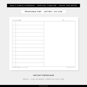 Daily Simple Schedule with Vertical Timeline - Undated Printable Planner Inserts (A4 + US Letter)