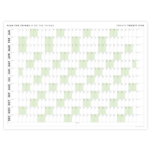 PRINTABLE 2025 HORIZONTAL WALL CALENDAR WITH GREEN WEEKENDS - INSTANT DOWNLOAD