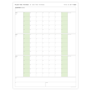 PRINTABLE UNDATED QUARTERLY WALL CALENDAR - SUNDAY START - GREEN WEEKENDS - INSTANT DOWNLOAD
