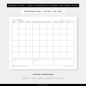Monthly Focus + Notes - Undated Printable Planner Inserts (A4 + US Letter)