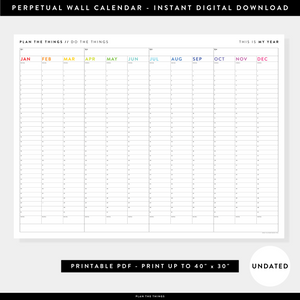 PRINTABLE UNDATED PERPETUAL ANNUAL + QUARTERLY PLANNING WALL CALENDAR (HORIZONTAL / SIMPLE RAINBOW) - INSTANT DOWNLOAD
