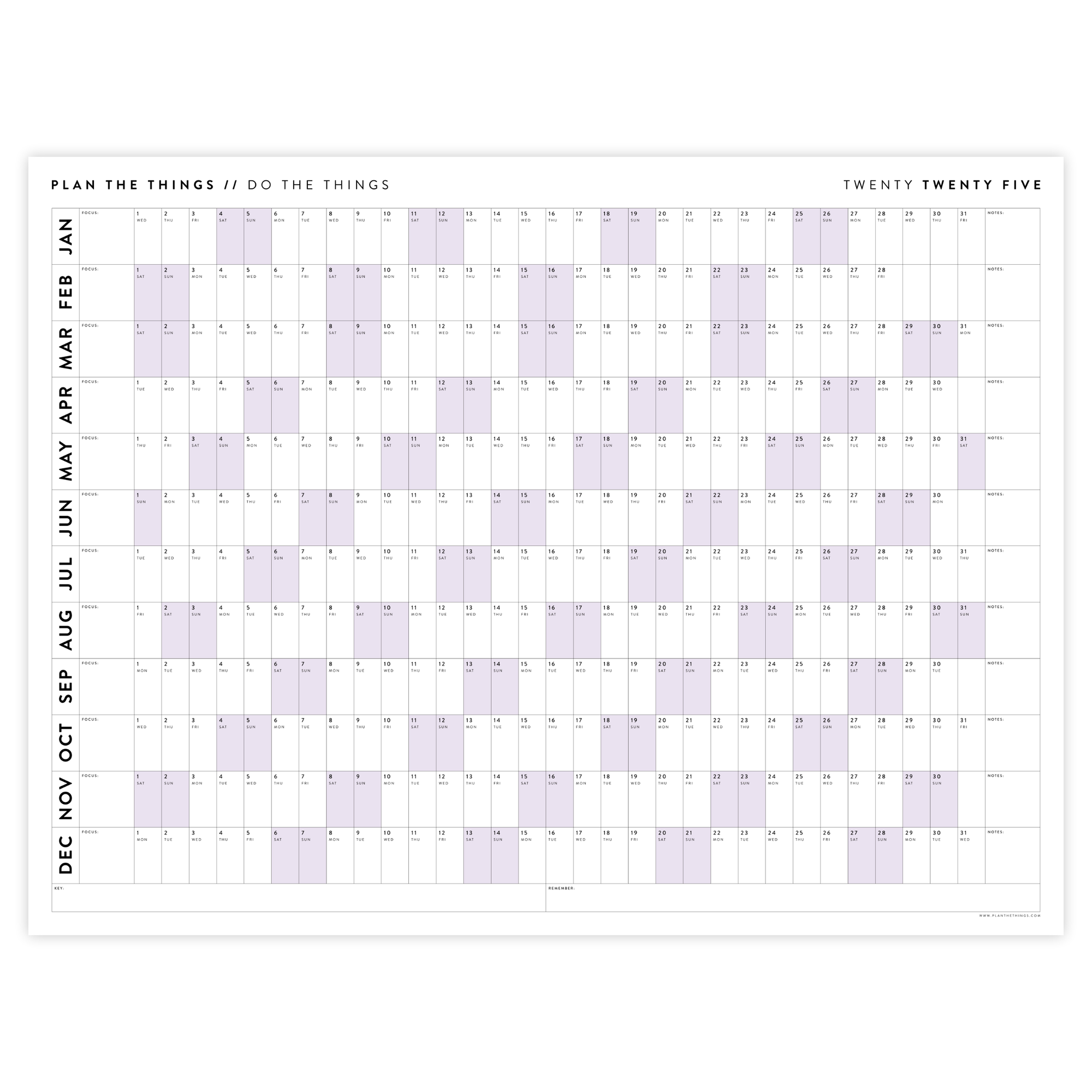 PRINTABLE 2025 HORIZONTAL WALL CALENDAR WITH PURPLE WEEKENDS - INSTANT DOWNLOAD