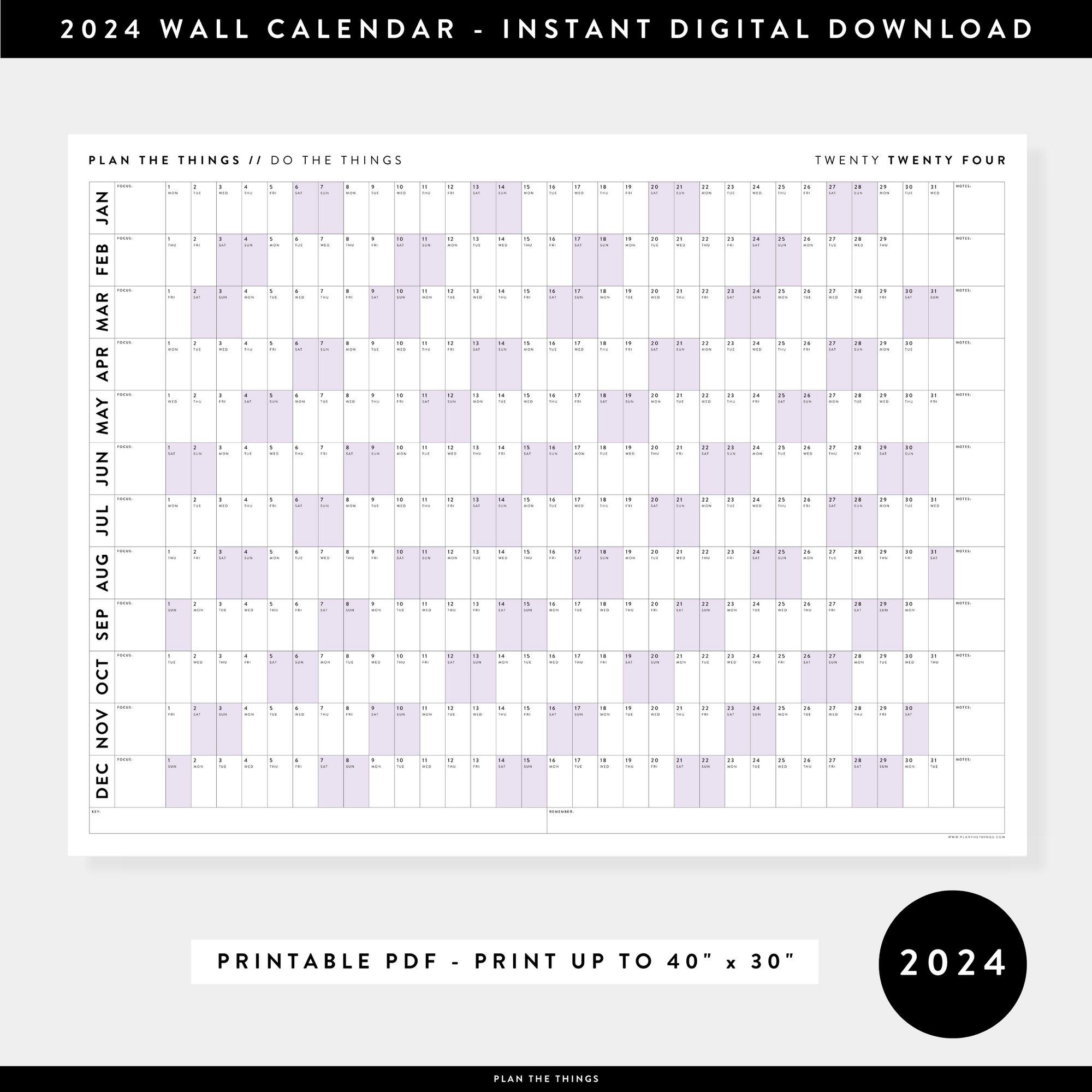 PRINTABLE HORIZONTAL 2024 WALL CALENDAR WITH PURPLE WEEKENDS - INSTANT DOWNLOAD