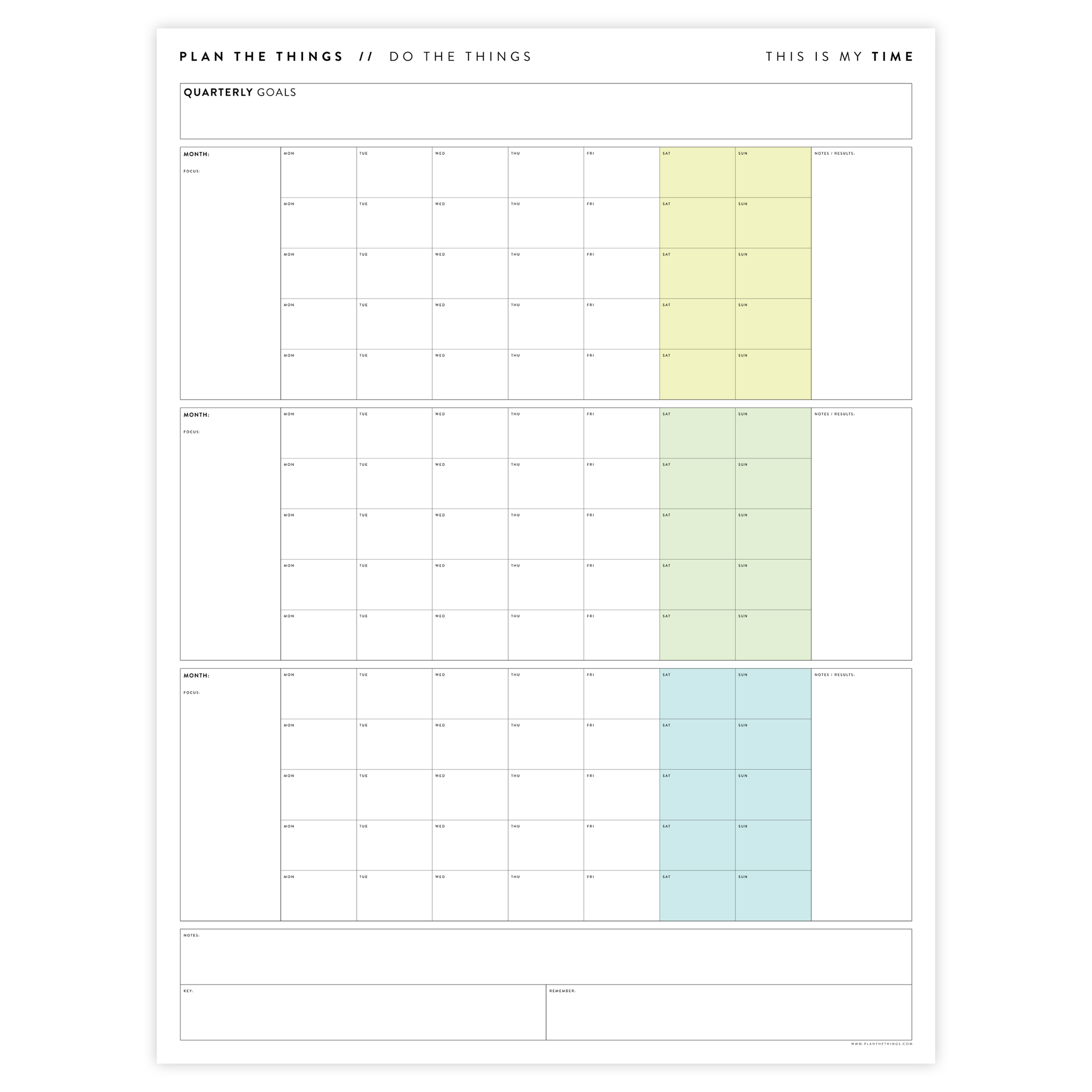 PRINTABLE UNDATED QUARTERLY WALL CALENDAR - MONDAY START - RAINBOW (2) WEEKENDS - INSTANT DOWNLOAD