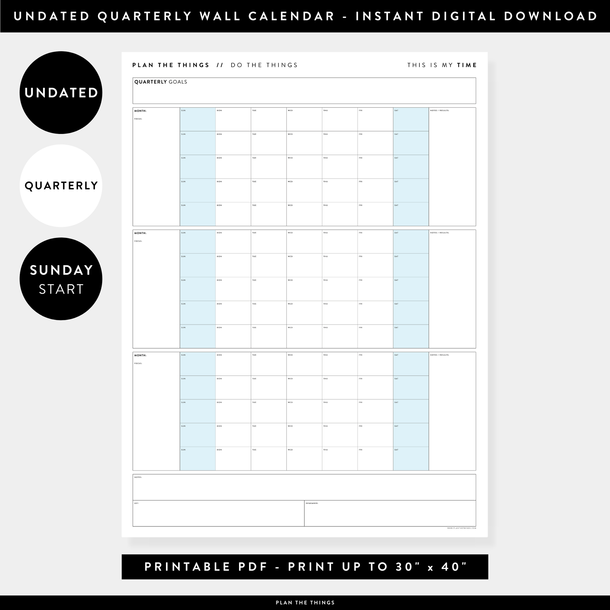 PRINTABLE UNDATED QUARTERLY WALL CALENDAR - SUNDAY START - BLUE WEEKENDS - INSTANT DOWNLOAD
