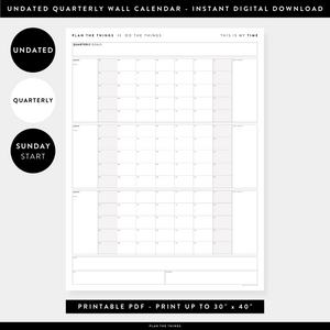 PRINTABLE UNDATED QUARTERLY WALL CALENDAR - SUNDAY START - GRAY WEEKENDS - INSTANT DOWNLOAD