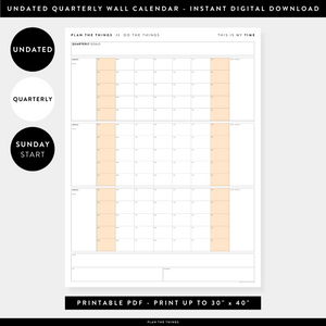 PRINTABLE UNDATED QUARTERLY WALL CALENDAR - SUNDAY START - ORANGE WEEKENDS - INSTANT DOWNLOAD