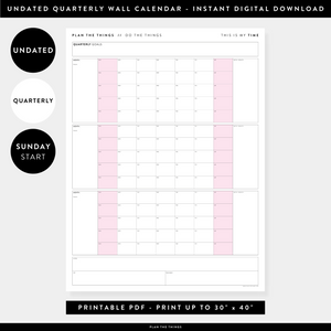 PRINTABLE UNDATED QUARTERLY WALL CALENDAR - SUNDAY START - PINK WEEKENDS - INSTANT DOWNLOAD