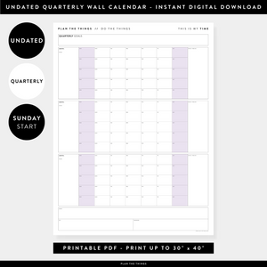 PRINTABLE UNDATED QUARTERLY WALL CALENDAR - SUNDAY START - PURPLE WEEKENDS - INSTANT DOWNLOAD