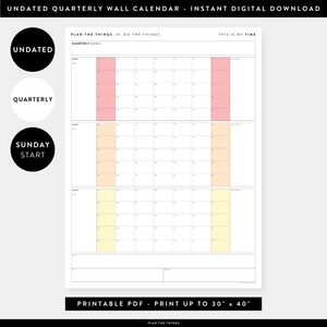 PRINTABLE UNDATED QUARTERLY WALL CALENDAR - SUNDAY START - RAINBOW (1) WEEKENDS - INSTANT DOWNLOAD