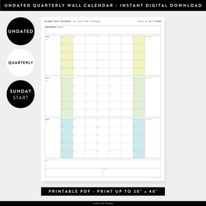 PRINTABLE UNDATED QUARTERLY WALL CALENDAR - SUNDAY START - RAINBOW (2) WEEKENDS - INSTANT DOWNLOAD