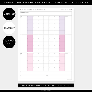 PRINTABLE UNDATED QUARTERLY WALL CALENDAR - SUNDAY START - RAINBOW (4) WEEKENDS - INSTANT DOWNLOAD
