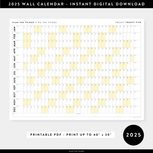 PRINTABLE 2025 HORIZONTAL WALL CALENDAR WITH YELLOW WEEKENDS - INSTANT DOWNLOAD