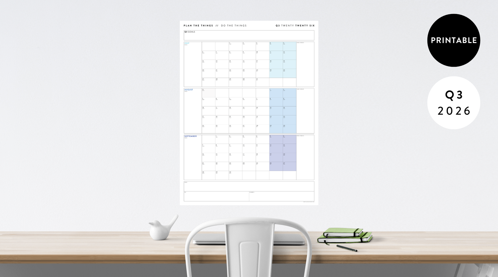 PRINTABLE 2026 Q3 (JULY - SEPTEMBER) QUARTERLY CALENDARS