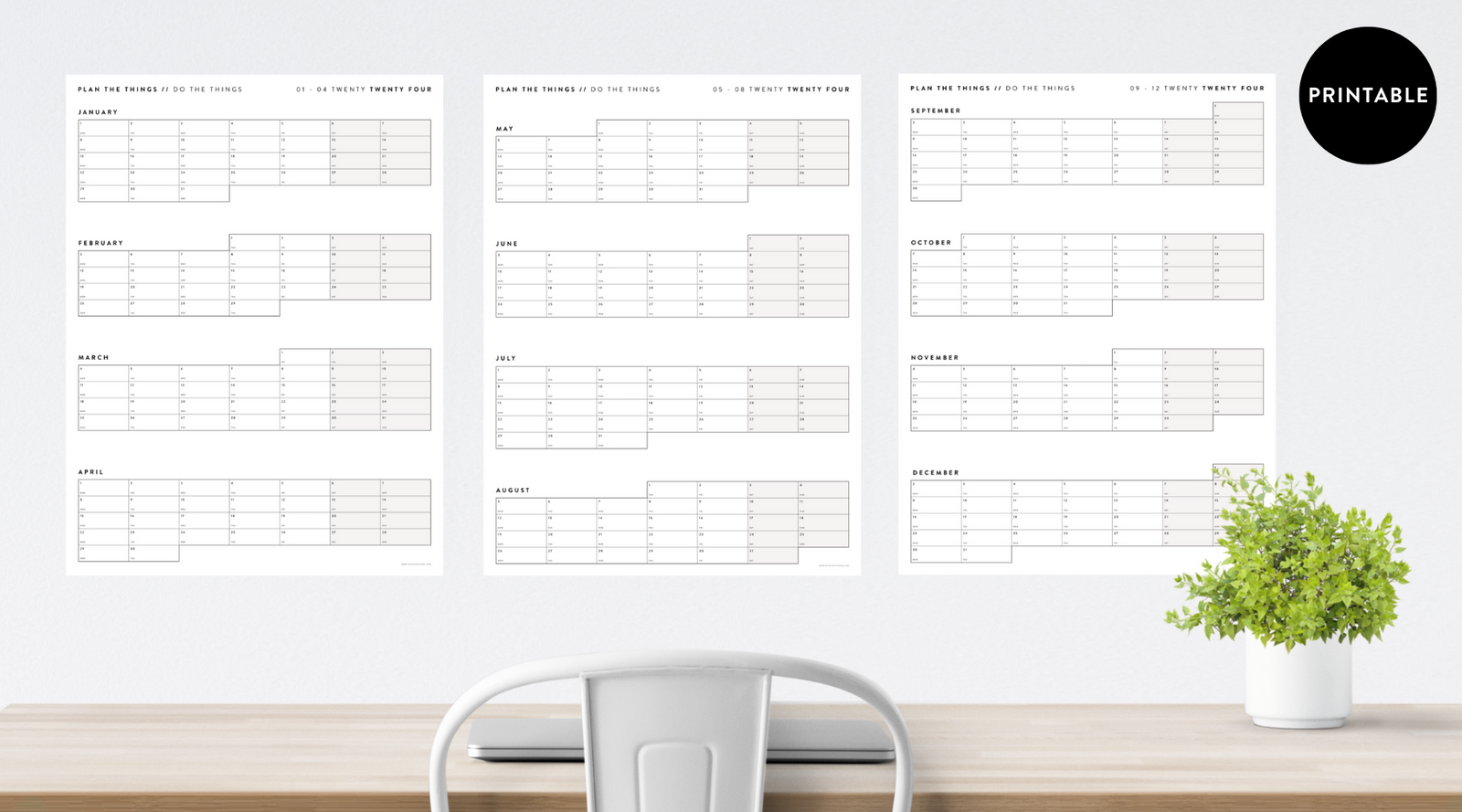 PRINTABLE 2024 FOUR MONTH WALL CALENDARS // INSTANT DOWNLOAD