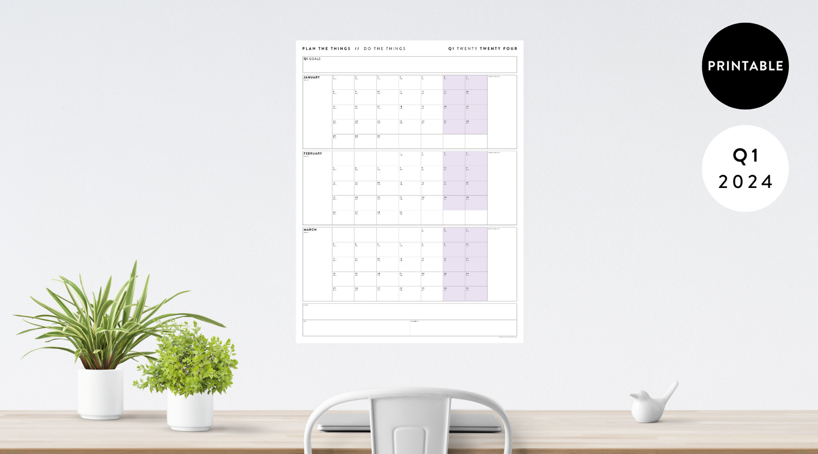 PRINTABLE 2024 Q1 (JANUARY MARCH) QUARTERLY CALENDARS // INSTANT DOW