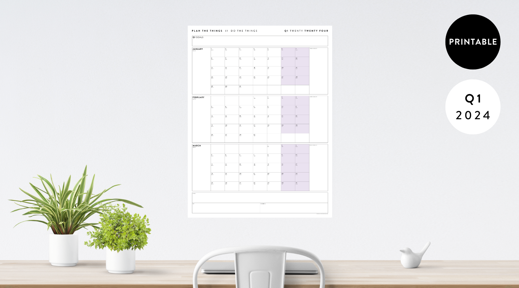 PRINTABLE 2024 Q1 (JANUARY - MARCH) QUARTERLY CALENDARS // INSTANT DOWNLOAD