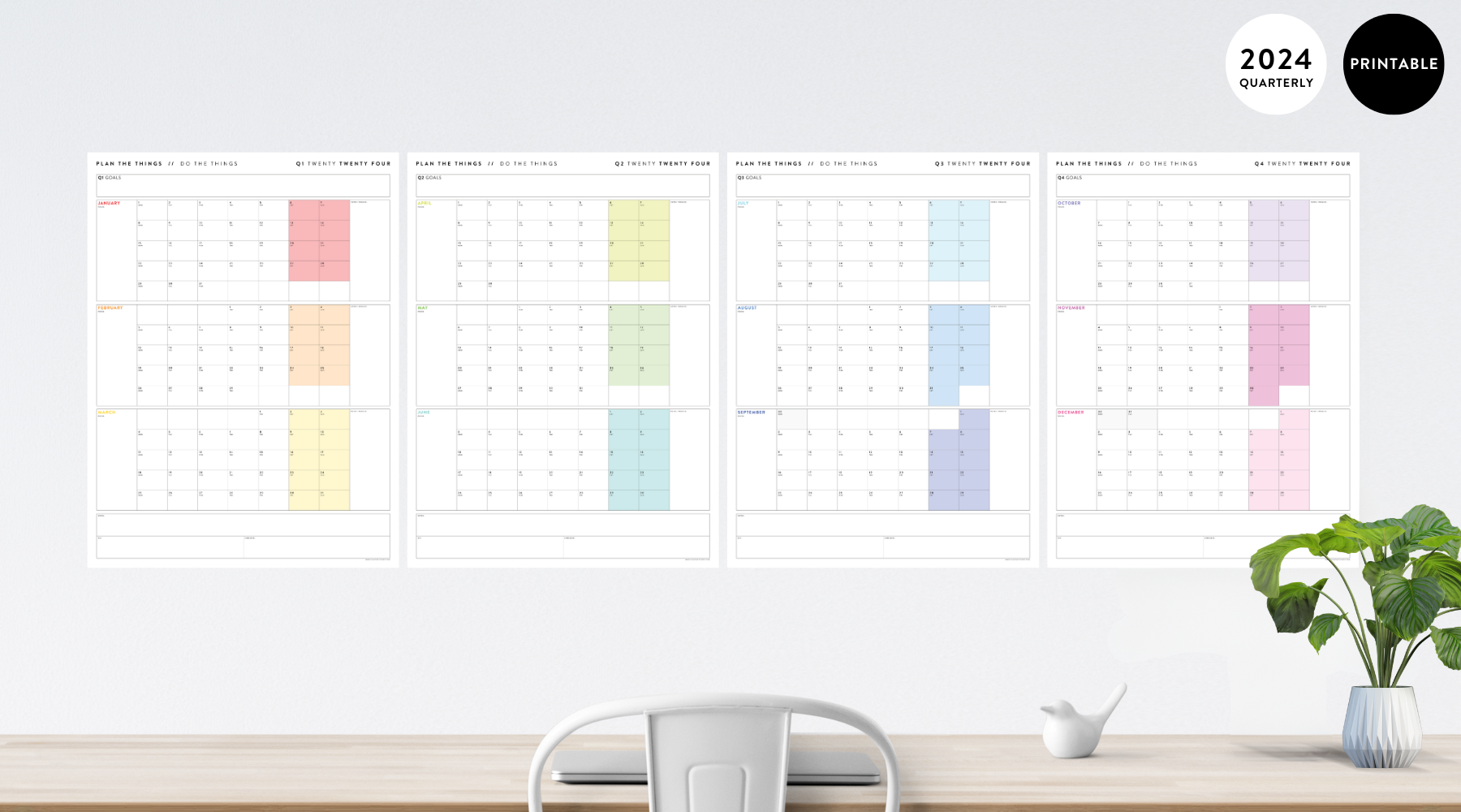 PRINTABLE 2024 Q1 + Q2 + Q3 + Q4 QUARTERLY CALENDAR FULL YEAR SET // INSTANT DOWNLOAD