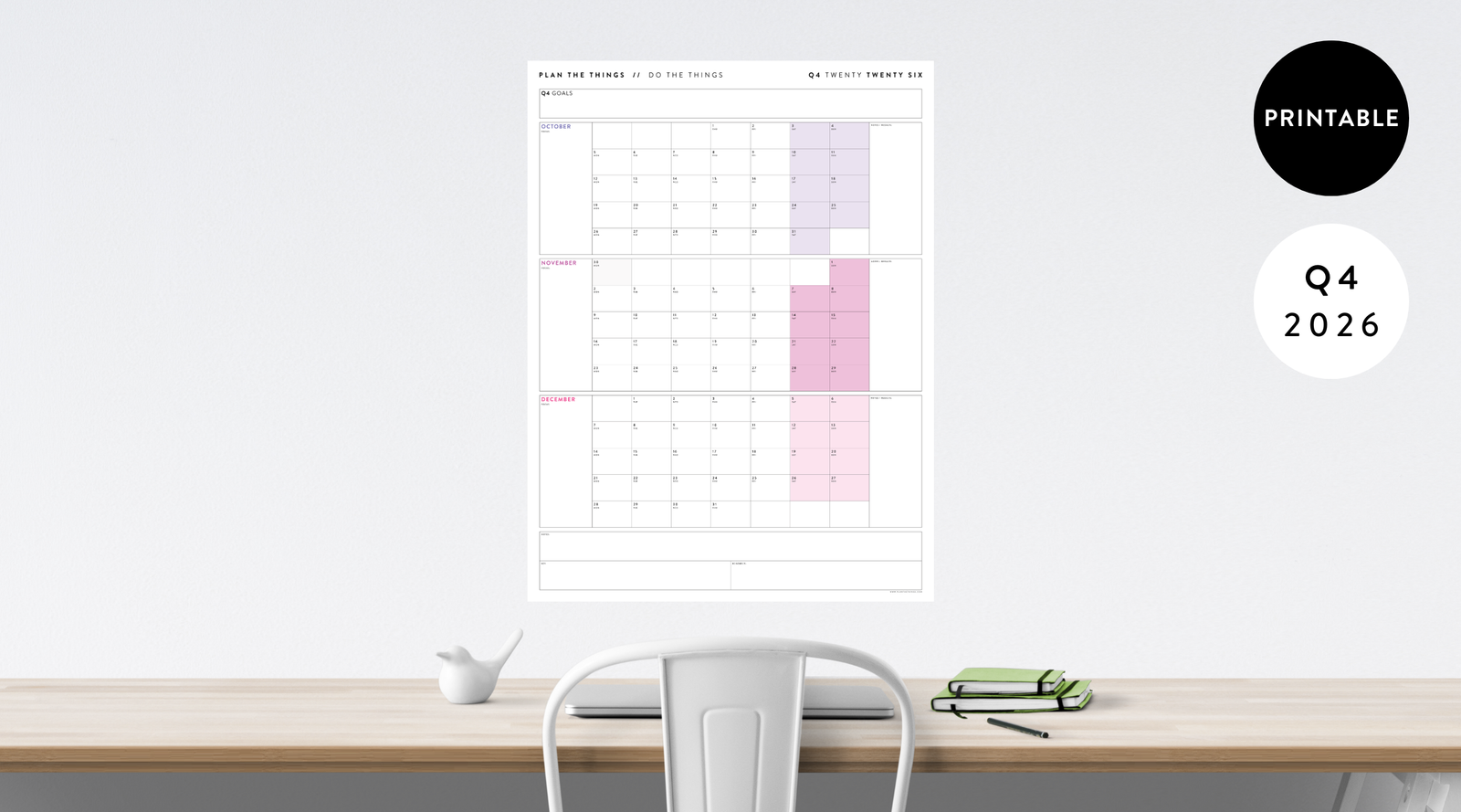 PRINTABLE 2026 Q4 (OCTOBER - DECEMBER) QUARTERLY CALENDARS
