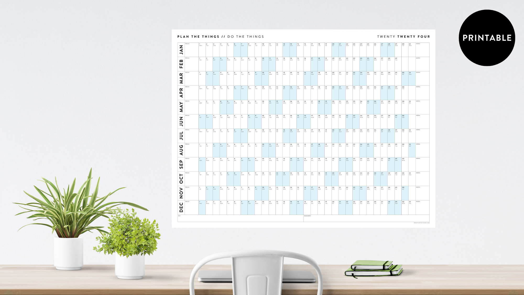 PRINTABLE HORIZONTAL 2024 ANNUAL CALENDARS // INSTANT DOWNLOAD