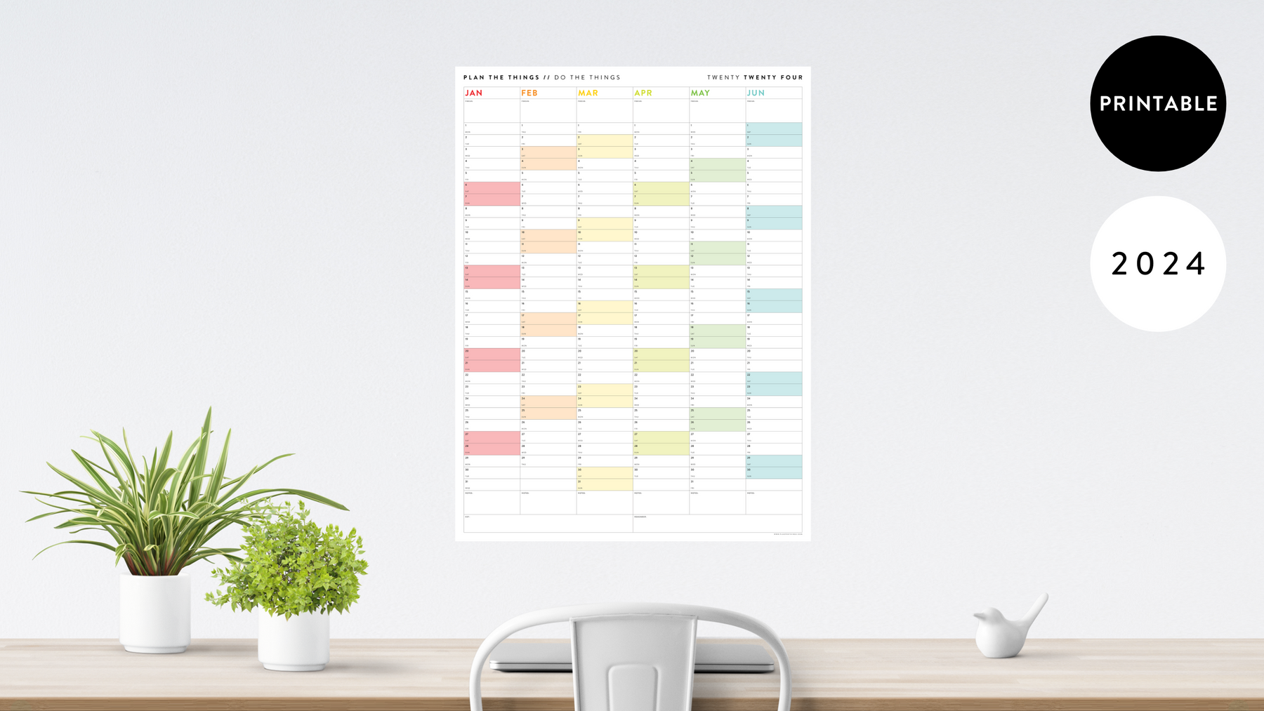 PRINTABLE SIX MONTH WALL CALENDARS // INSTANT DOWNLOAD - Plan The Things