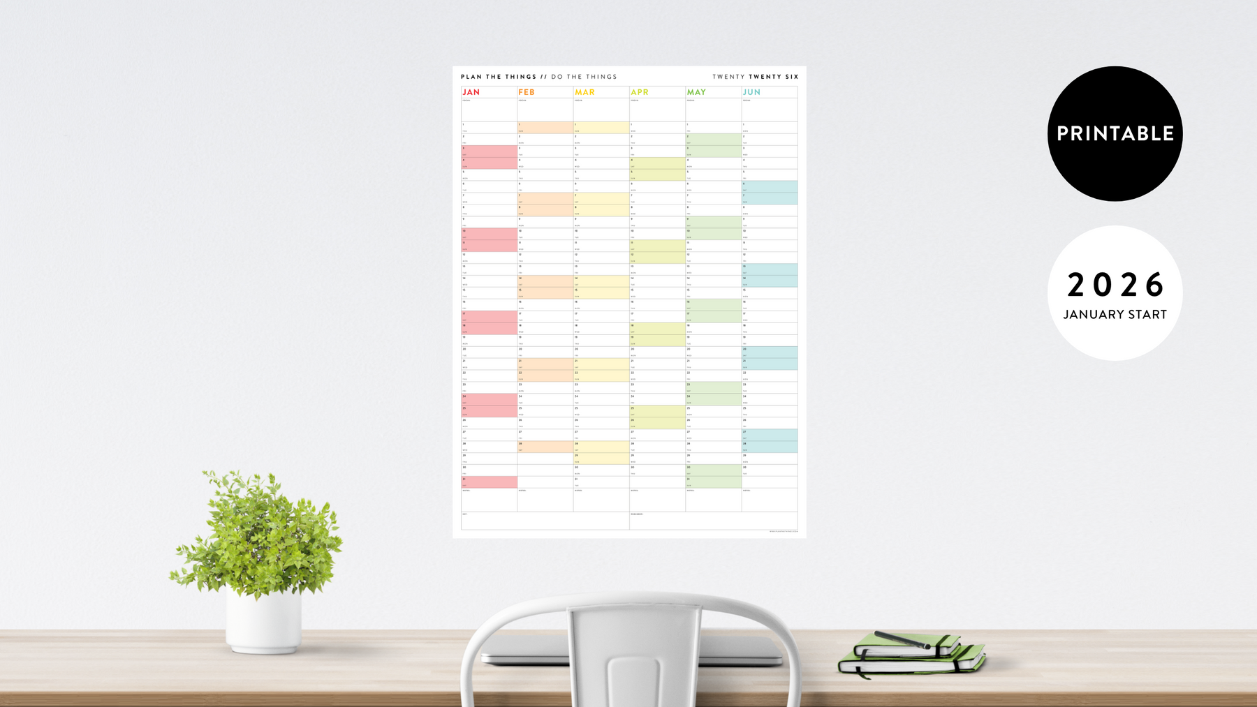 PRINTABLE SIX MONTH WALL CALENDARS // INSTANT DOWNLOAD - Plan The Things