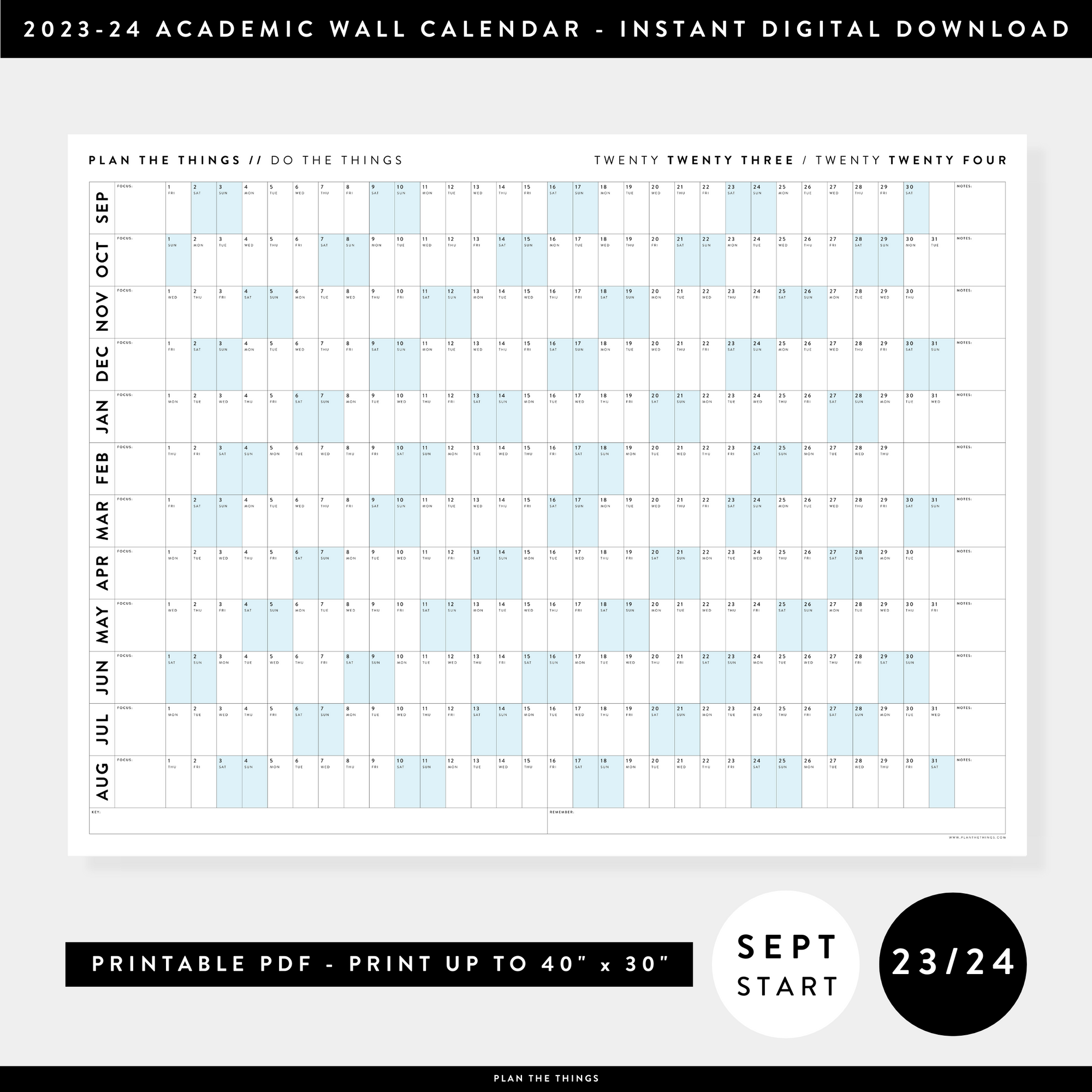 PRINTABLE 2023 / 2024 ACADEMIC WALL CALENDAR (SEPTEMBER START) | HORIZONTAL WITH BLUE WEEKENDS - INSTANT DOWNLOAD