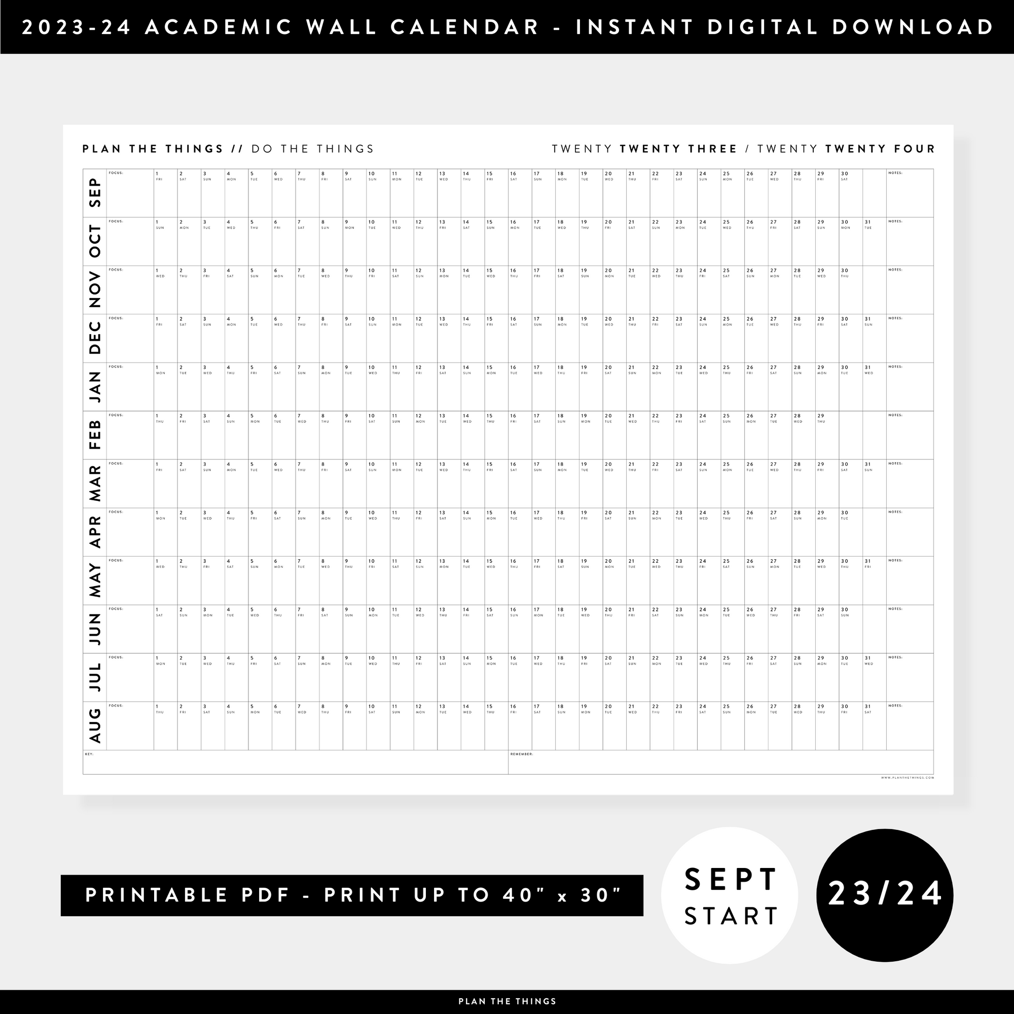 PRINTABLE 2023 / 2024 MINIMALIST ACADEMIC WALL CALENDAR (SEPTEMBER START) | HORIZONTAL - INSTANT DOWNLOAD