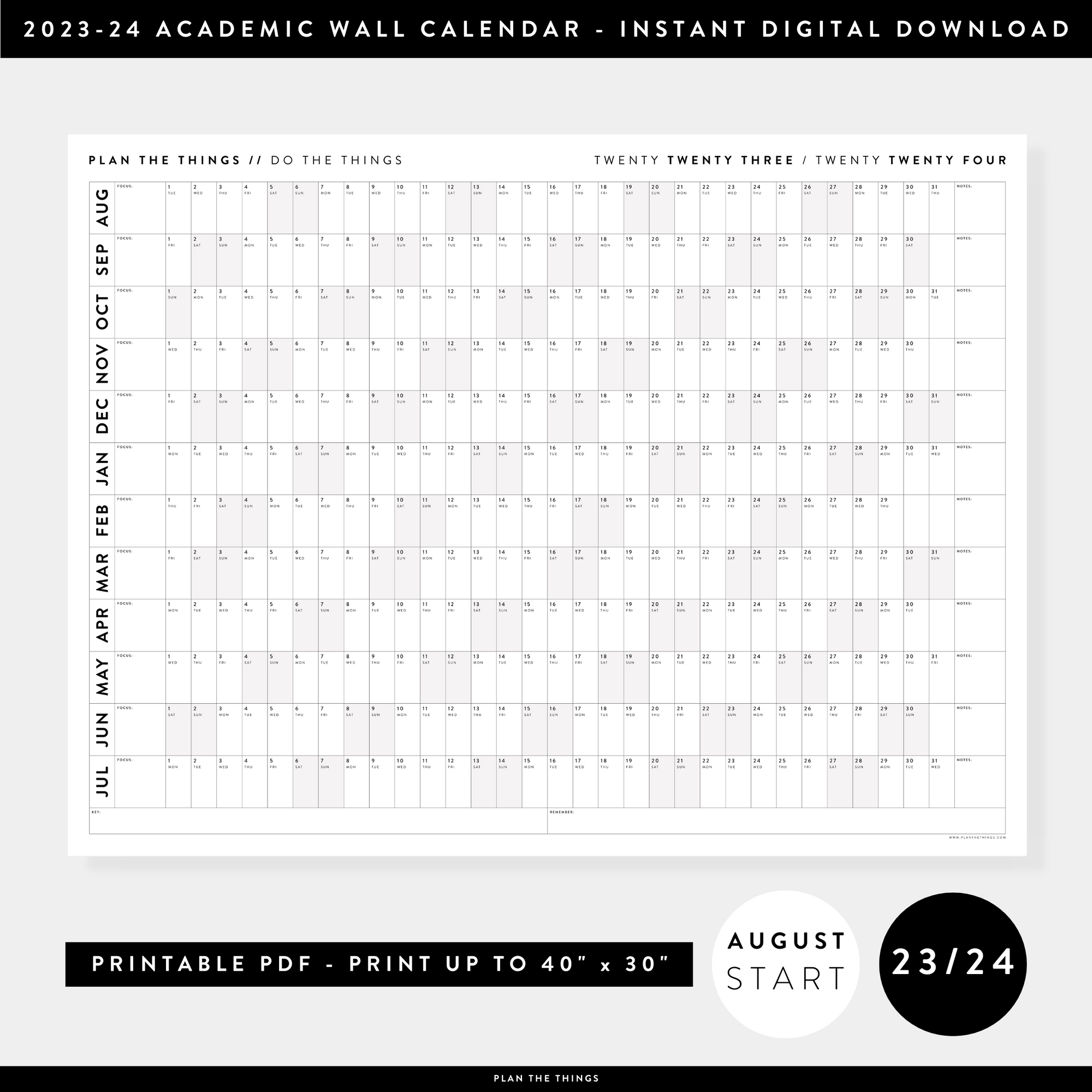 PRINTABLE 2023 / 2024 ACADEMIC WALL CALENDAR (AUGUST START) | HORIZONTAL WITH GRAY / GREY WEEKENDS - INSTANT DOWNLOAD