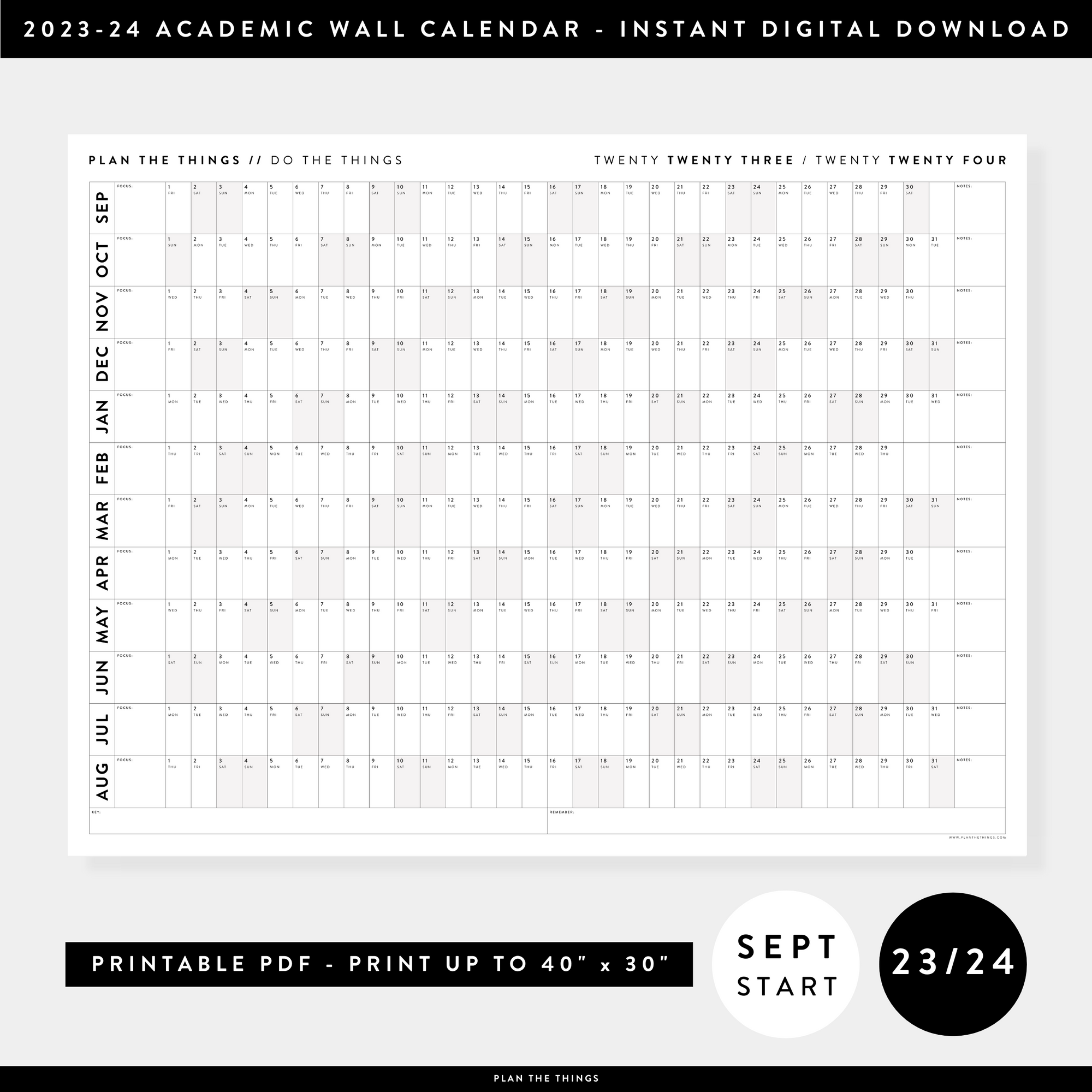 PRINTABLE 2023 / 2024 ACADEMIC WALL CALENDAR (SEPTEMBER START) | HORIZONTAL WITH GRAY / GREY WEEKENDS - INSTANT DOWNLOAD