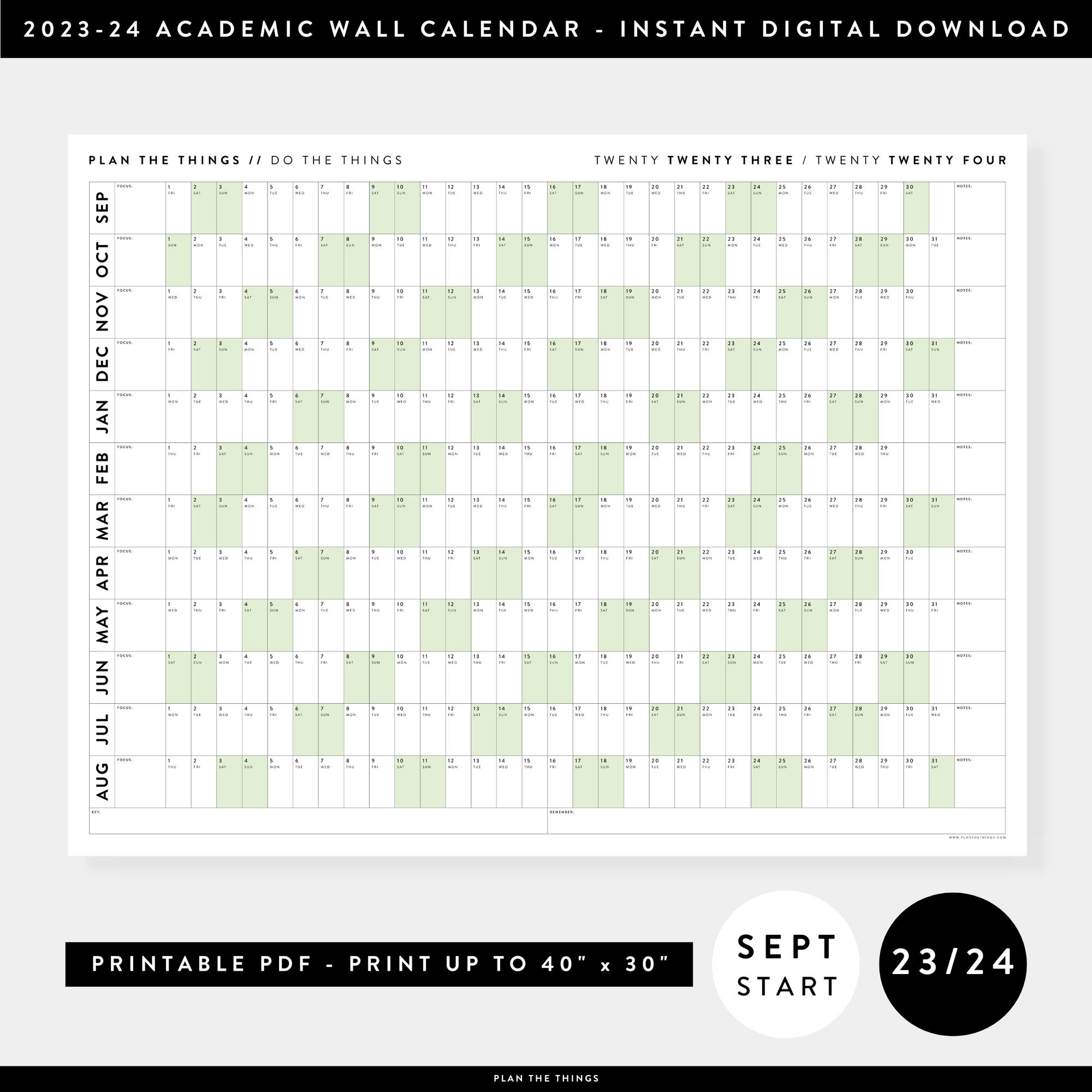 PRINTABLE 2023 / 2024 ACADEMIC WALL CALENDAR (SEPTEMBER START) | HORIZONTAL WITH GREEN WEEKENDS - INSTANT DOWNLOAD