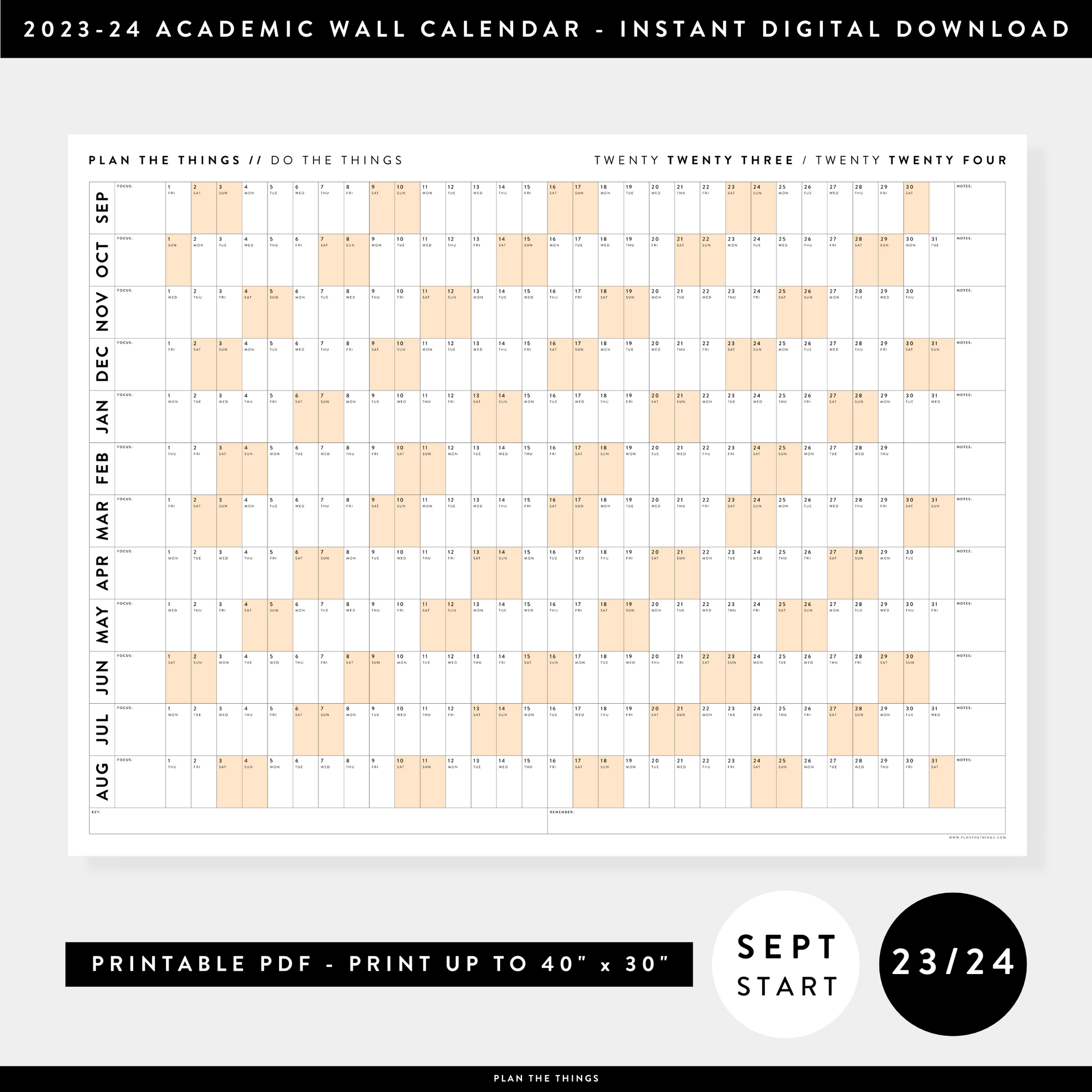 PRINTABLE 2023 / 2024 ACADEMIC WALL CALENDAR (SEPTEMBER START) | HORIZONTAL WITH ORANGE WEEKENDS - INSTANT DOWNLOAD