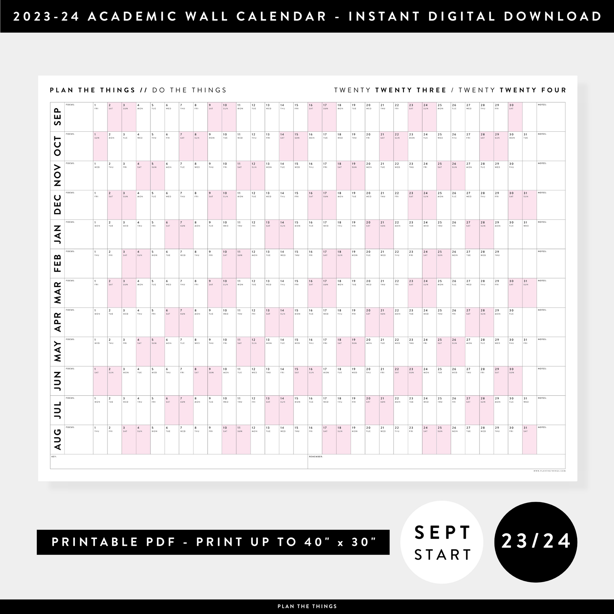 PRINTABLE 2023 / 2024 ACADEMIC WALL CALENDAR (SEPTEMBER START) | HORIZONTAL WITH PINK WEEKENDS - INSTANT DOWNLOAD