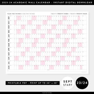 PRINTABLE 2023 / 2024 ACADEMIC WALL CALENDAR (SEPTEMBER START) | HORIZONTAL WITH PINK WEEKENDS - INSTANT DOWNLOAD