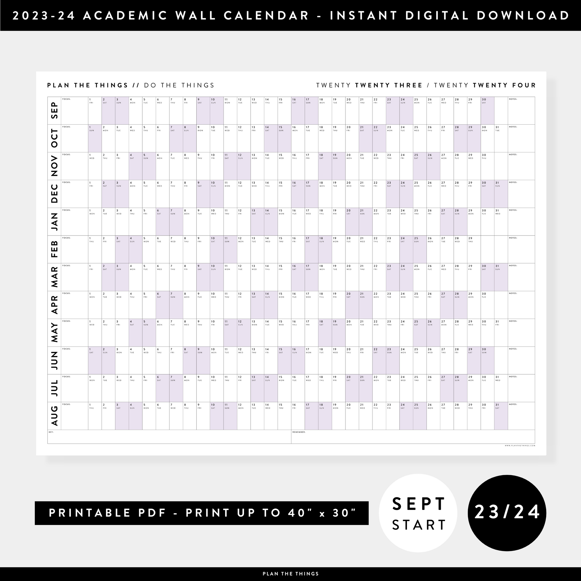 PRINTABLE 2023 / 2024 ACADEMIC WALL CALENDAR (SEPTEMBER START) | HORIZONTAL WITH PURPLE WEEKENDS - INSTANT DOWNLOAD