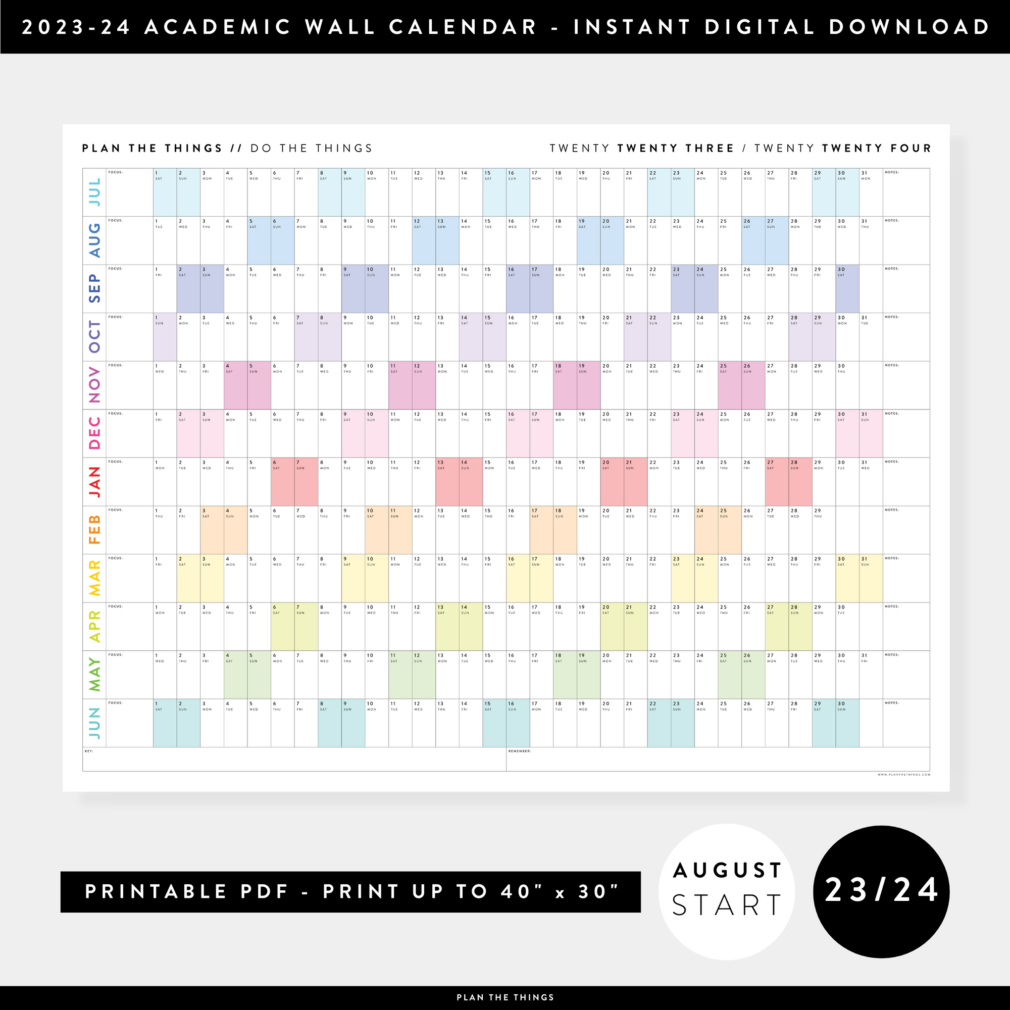 PRINTABLE 2023 / 2024 ACADEMIC WALL CALENDAR (AUGUST START) | HORIZONTAL WITH RAINBOW WEEKENDS - INSTANT DOWNLOAD