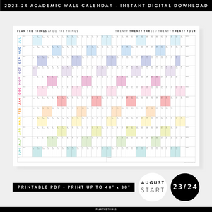 PRINTABLE 2023 / 2024 ACADEMIC WALL CALENDAR (AUGUST START) | HORIZONTAL WITH RAINBOW WEEKENDS - INSTANT DOWNLOAD