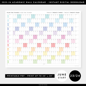 PRINTABLE 2023 / 2024 ACADEMIC WALL CALENDAR (JUNE START) | HORIZONTAL WITH RAINBOW WEEKENDS - INSTANT DOWNLOAD