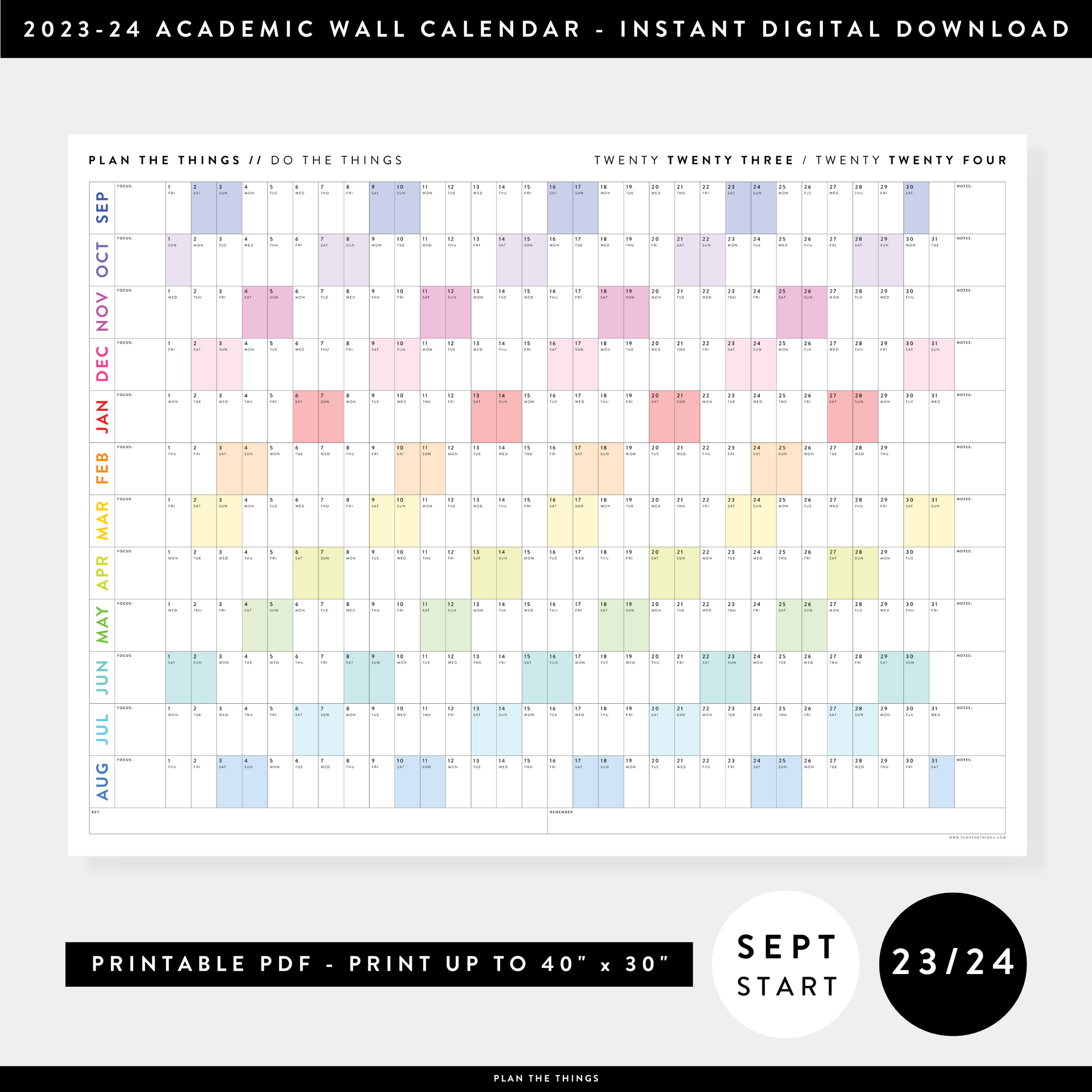 PRINTABLE 2023 / 2024 ACADEMIC WALL CALENDAR (SEPTEMBER START) | HORIZONTAL WITH RAINBOW WEEKENDS - INSTANT DOWNLOAD