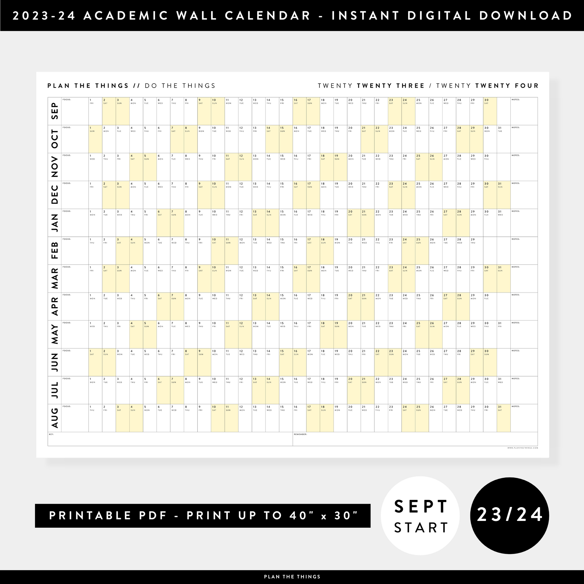 PRINTABLE 2023 / 2024 ACADEMIC WALL CALENDAR (SEPTEMBER START) | HORIZONTAL WITH YELLOW WEEKENDS - INSTANT DOWNLOAD