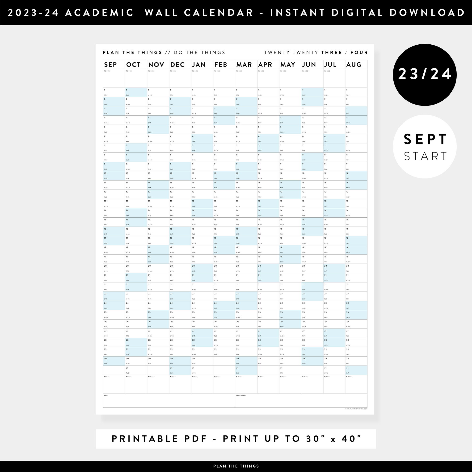 PRINTABLE 2023 / 2024 ACADEMIC WALL CALENDAR (SEPTEMBER START) | VERTICAL WITH BLUE WEEKENDS - INSTANT DOWNLOAD