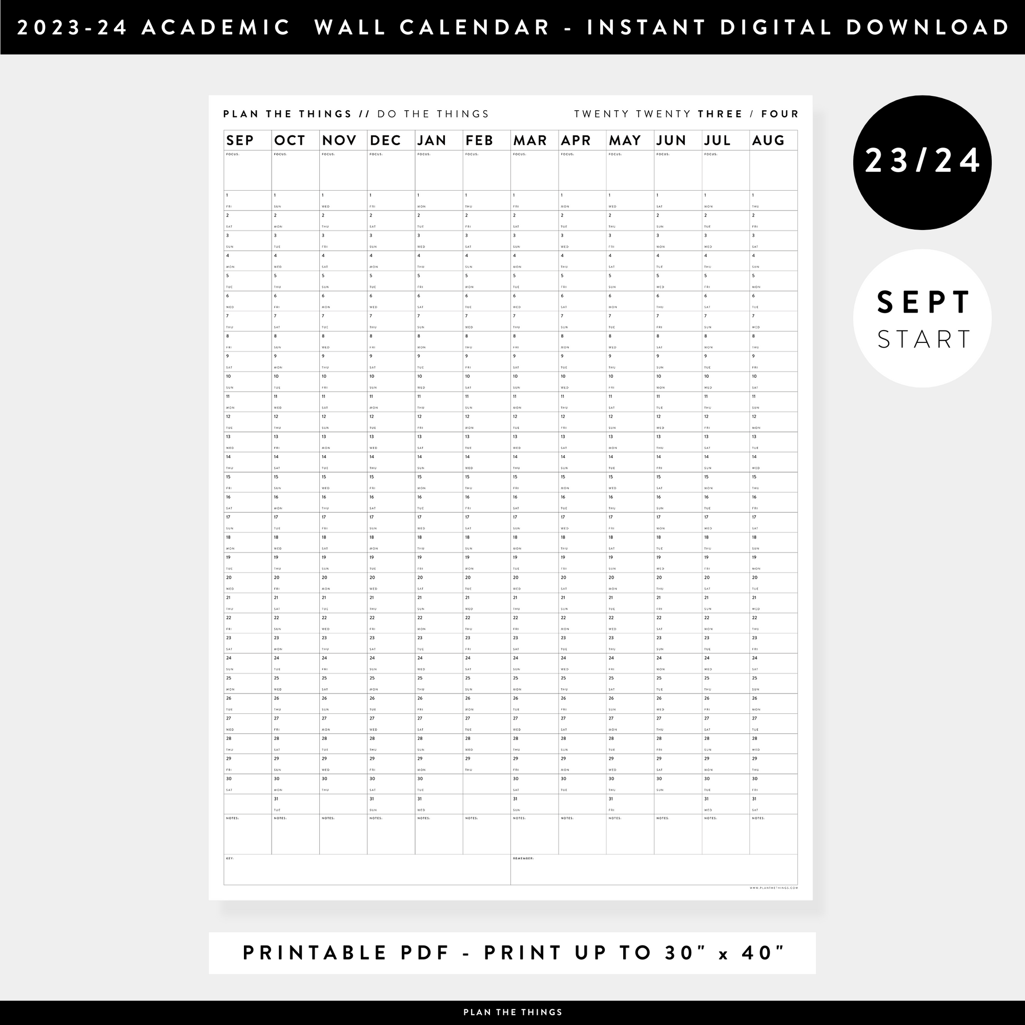 PRINTABLE 2023 / 2024 MINIMALIST ACADEMIC WALL CALENDAR (SEPTEMBER START) | VERTICAL - INSTANT DOWNLOAD