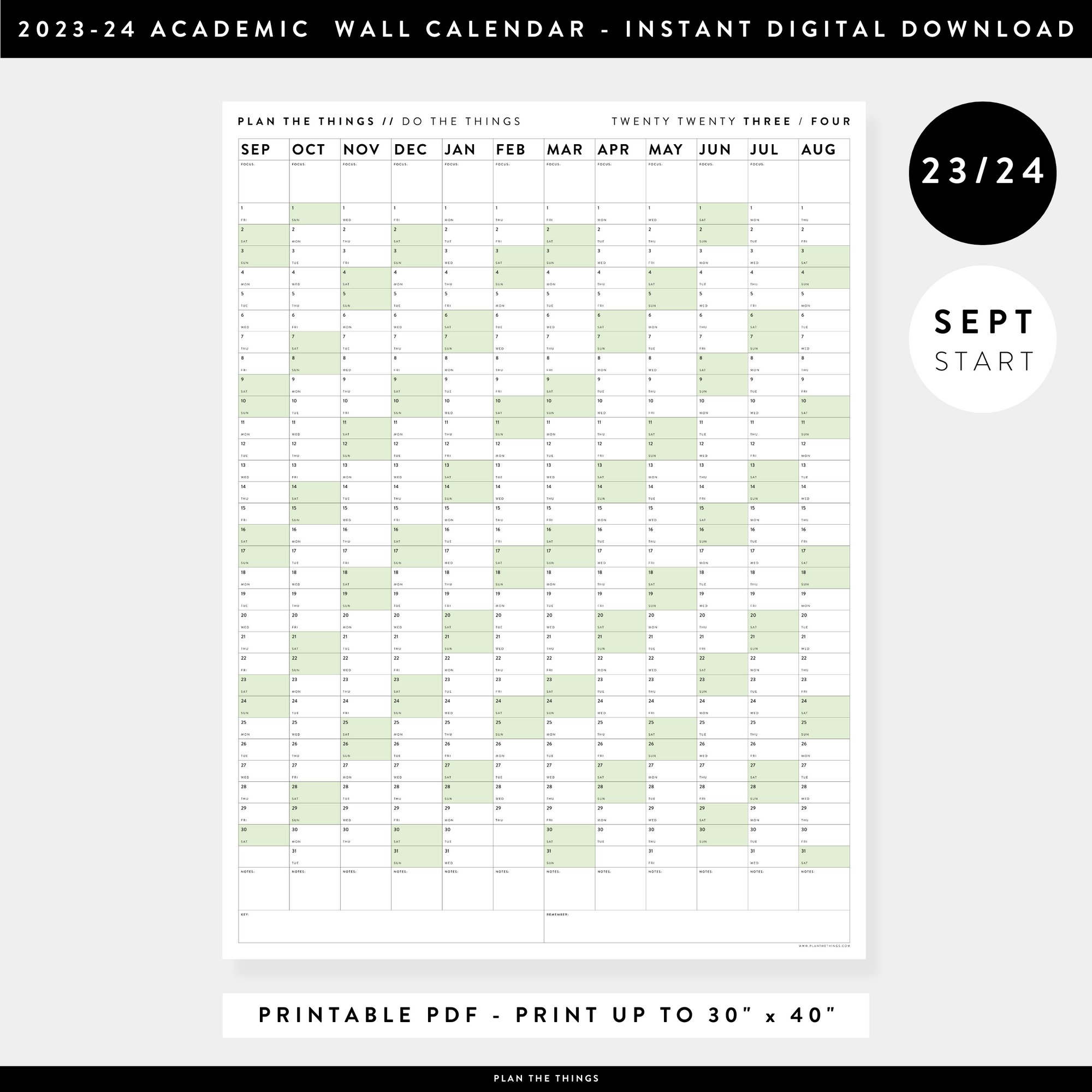 PRINTABLE 2023 / 2024 ACADEMIC WALL CALENDAR (SEPTEMBER START) | VERTICAL WITH GREEN WEEKENDS - INSTANT DOWNLOAD