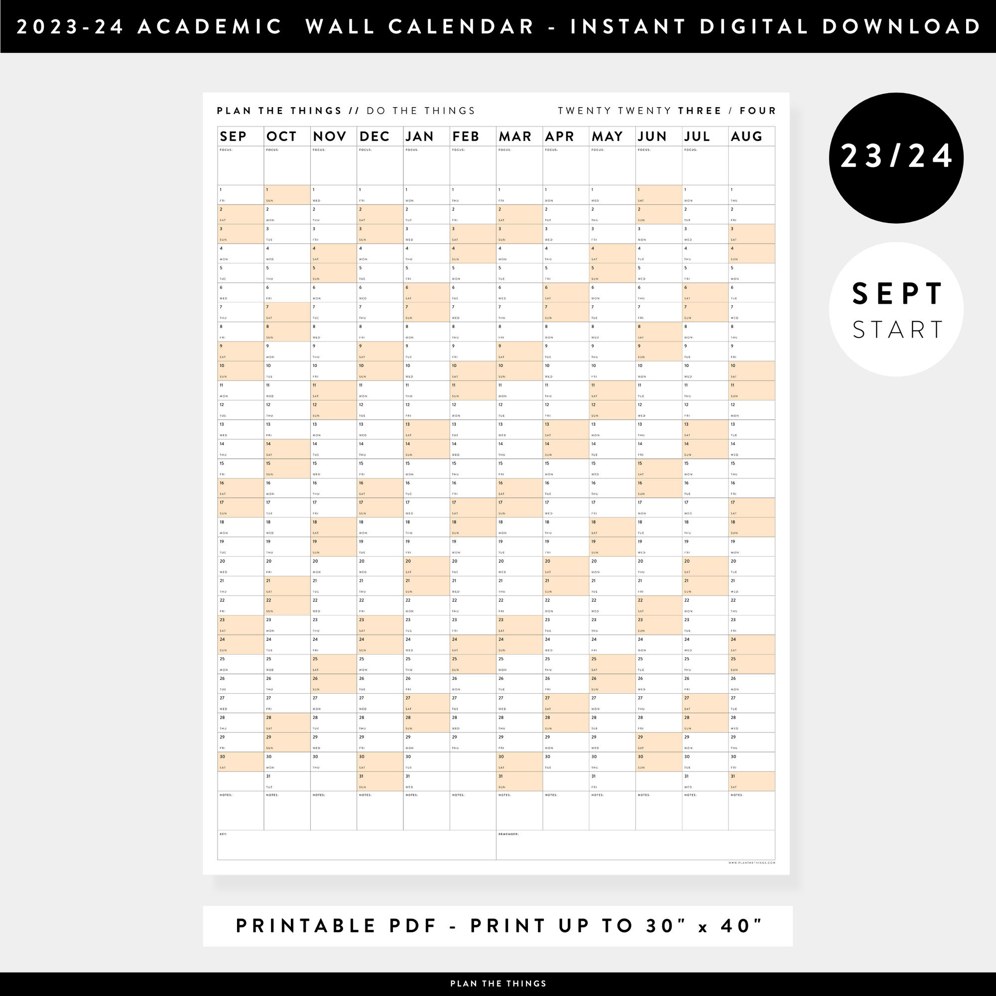 PRINTABLE 2023 / 2024 ACADEMIC WALL CALENDAR (SEPTEMBER START) | VERTICAL WITH ORANGE WEEKENDS - INSTANT DOWNLOAD