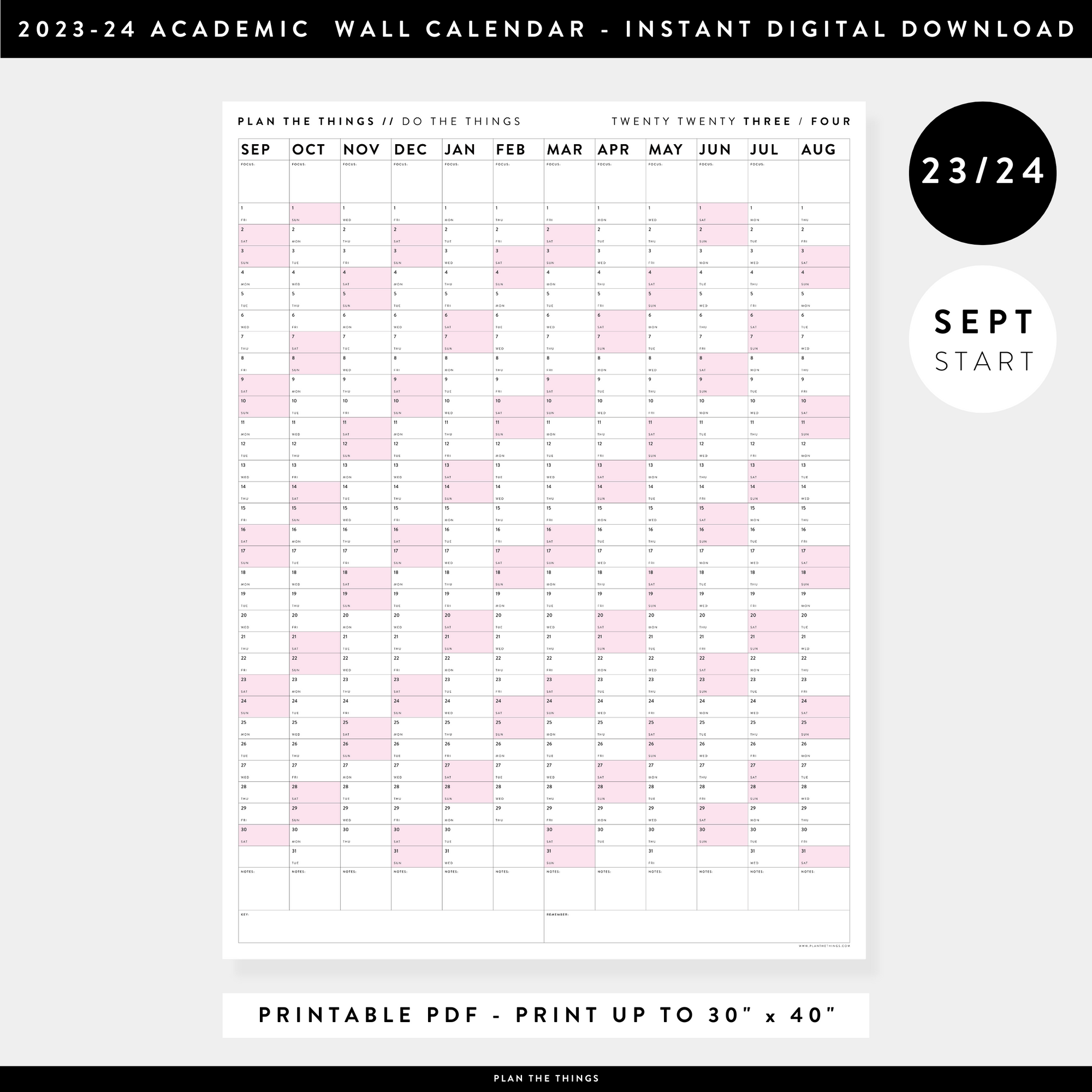 PRINTABLE 2023 / 2024 ACADEMIC WALL CALENDAR (SEPTEMBER START) | VERTICAL WITH PINK WEEKENDS - INSTANT DOWNLOAD