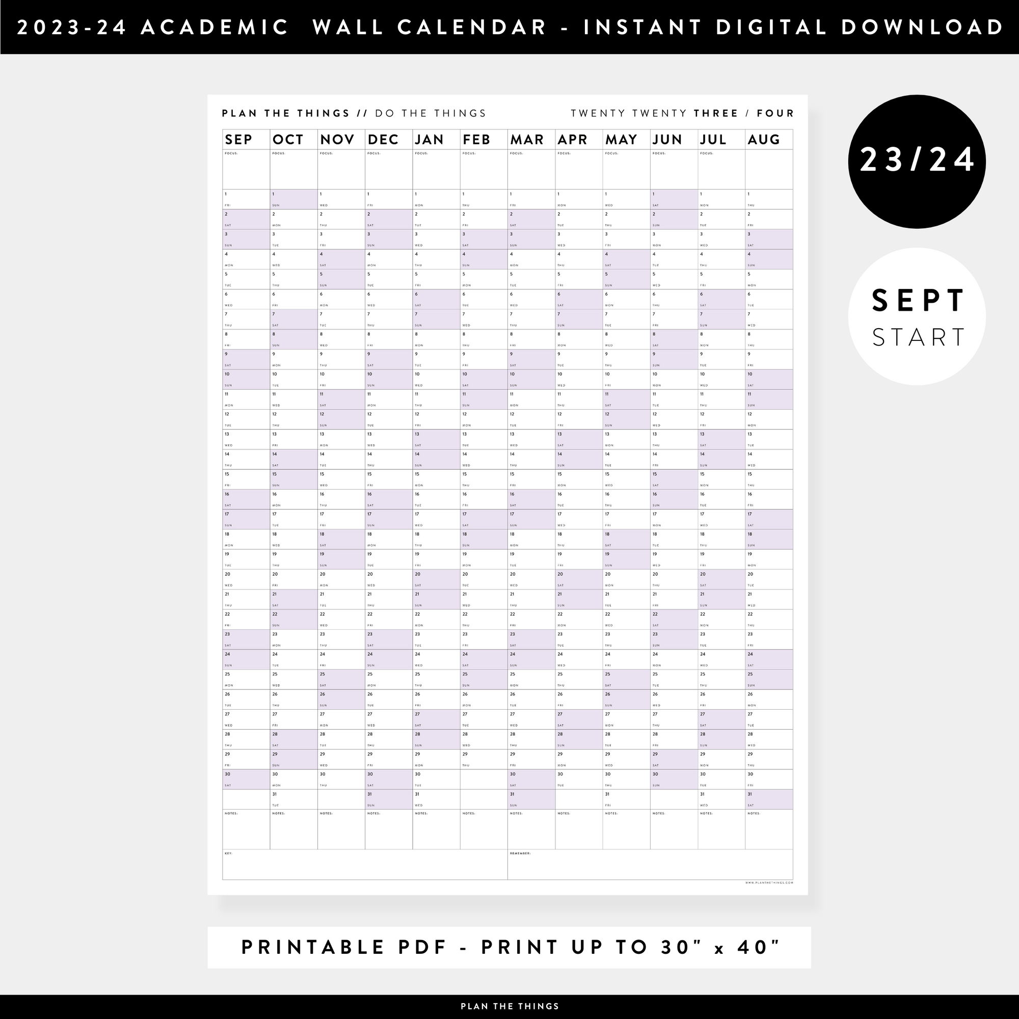 PRINTABLE 2023 / 2024 ACADEMIC WALL CALENDAR (SEPTEMBER START) | VERTICAL WITH PURPLE WEEKENDS - INSTANT DOWNLOAD