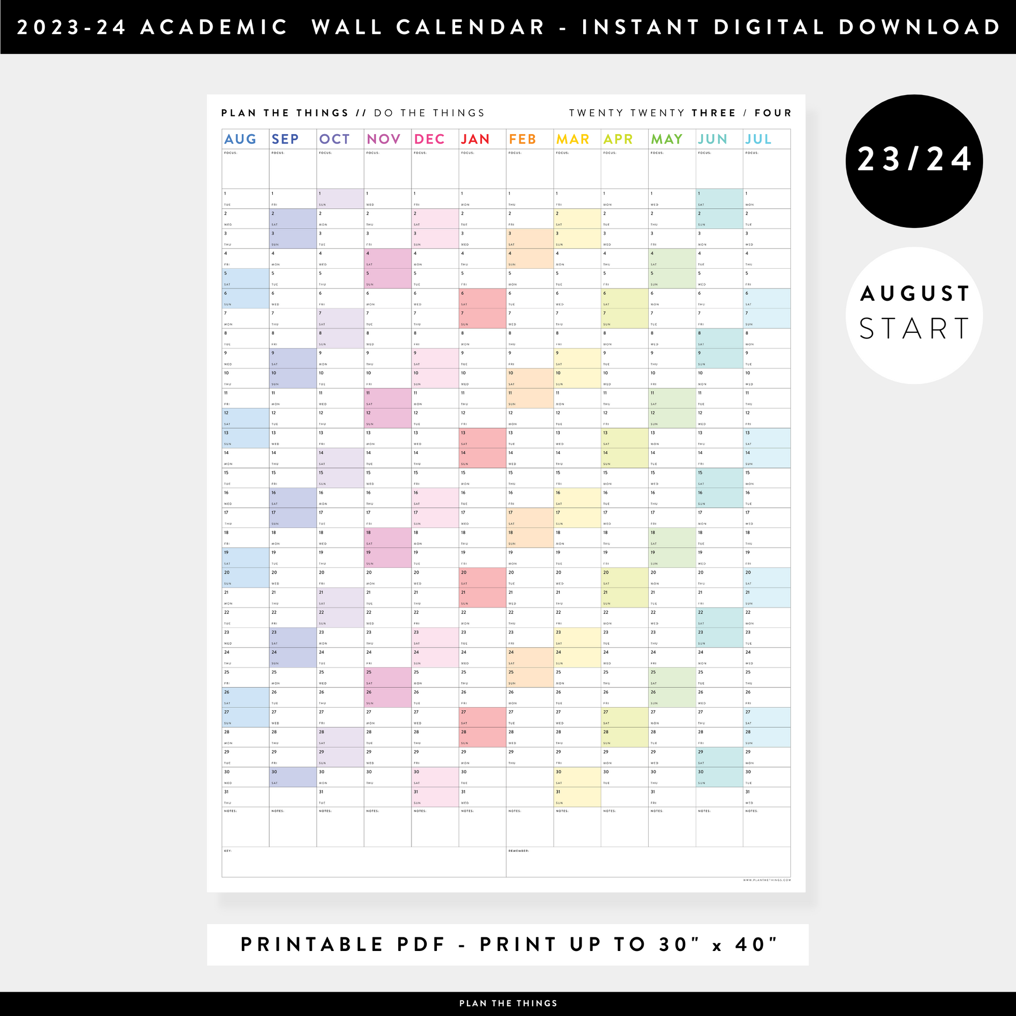 PRINTABLE 2023 / 2024 ACADEMIC WALL CALENDAR (AUGUST START) | VERTICAL WITH RAINBOW WEEKENDS - INSTANT DOWNLOAD