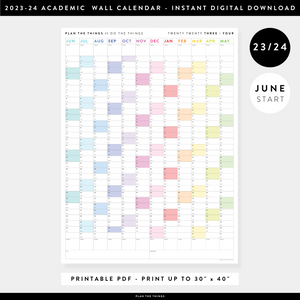 PRINTABLE 2023 / 2024 ACADEMIC WALL CALENDAR (JUNE START) | VERTICAL WITH RAINBOW WEEKENDS - INSTANT DOWNLOAD