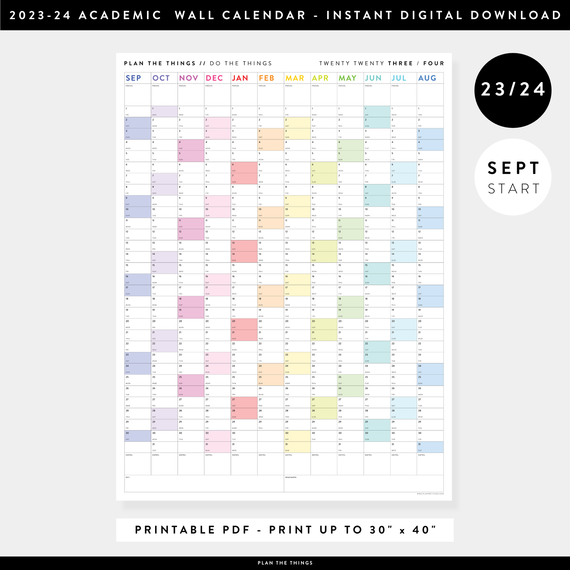 PRINTABLE 2023 / 2024 ACADEMIC WALL CALENDAR (SEPTEMBER START) | VERTICAL WITH RAINBOW WEEKENDS - INSTANT DOWNLOAD